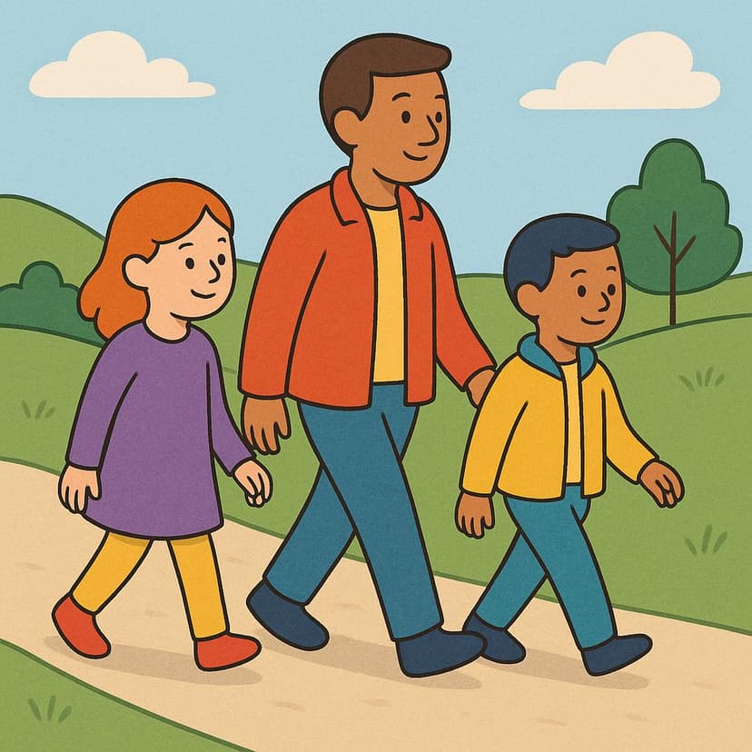 A colorful storybook illustration of three stylized figures (two small children and one adult) walking together down a simple path, all appearing mid-stride and moving forward.