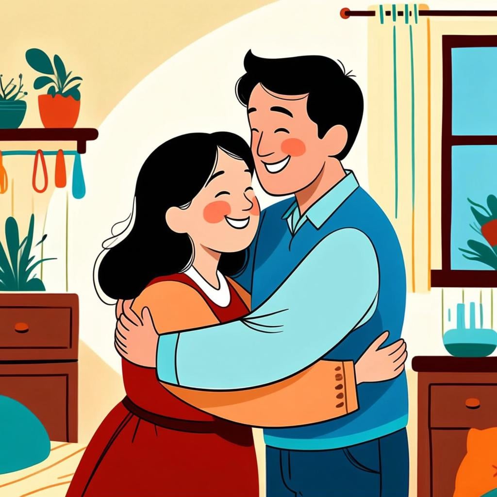 A man and a woman sharing a warm, affectionate hug in a cozy domestic setting, illustrating a term of endearment.