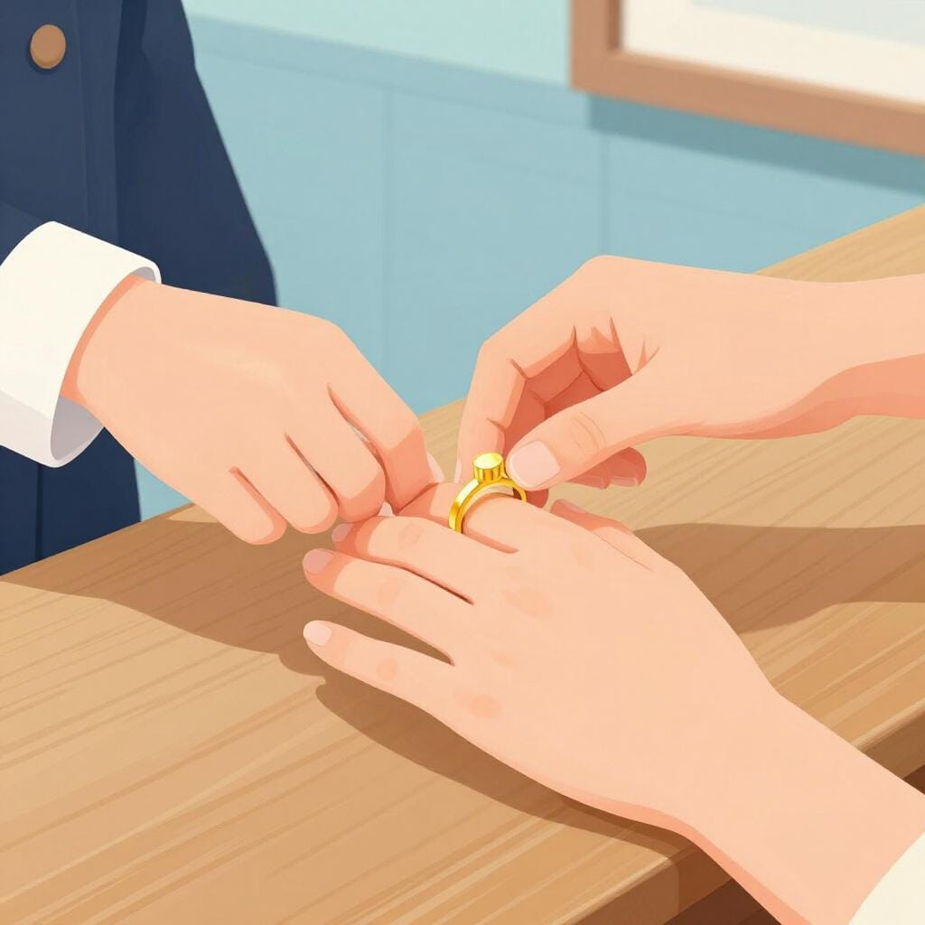 A person handing a gold ring to a clerk over a wooden counter.