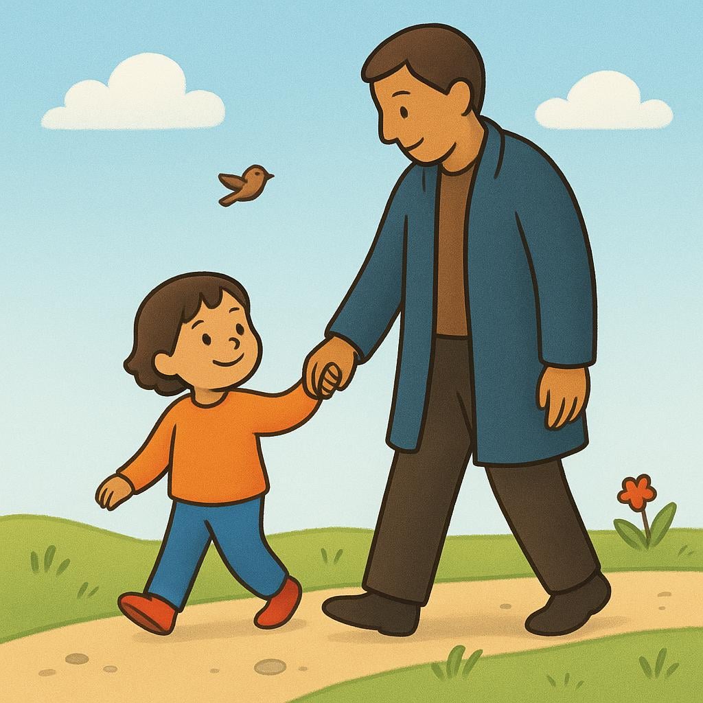 A high-quality illustration of a small child confidently holding the hand of a tall, comforting adult figure while walking along a simple path, symbolizing trust.