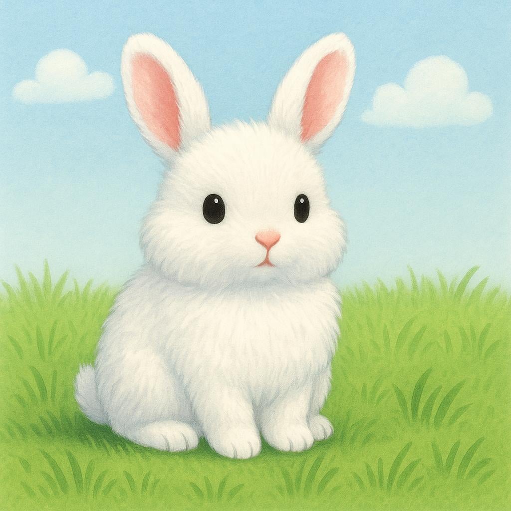 A fluffy white rabbit sitting calmly in green grass, viewed from the side.
