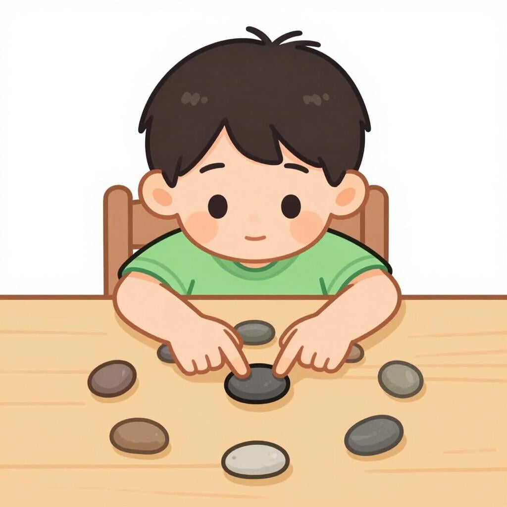 A child sitting at a desk playing with a small pile of pebbles instead of working.