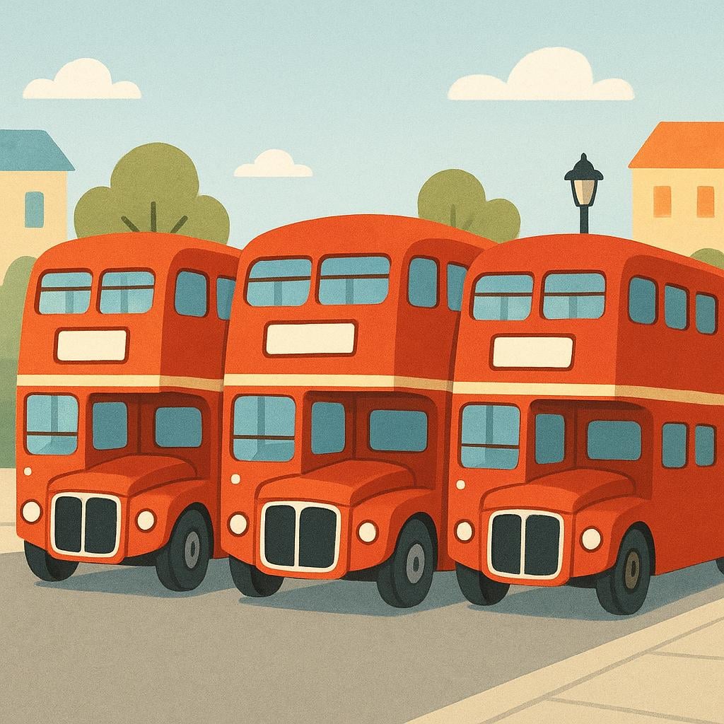 A high quality storybook illustration showing three iconic bright red double-decker buses parked side-by-side on a simple street.