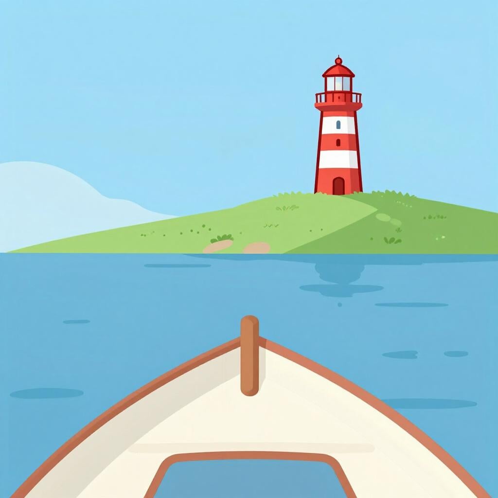 A small red boat sailing across a blue sea toward a lighthouse on a green hill.