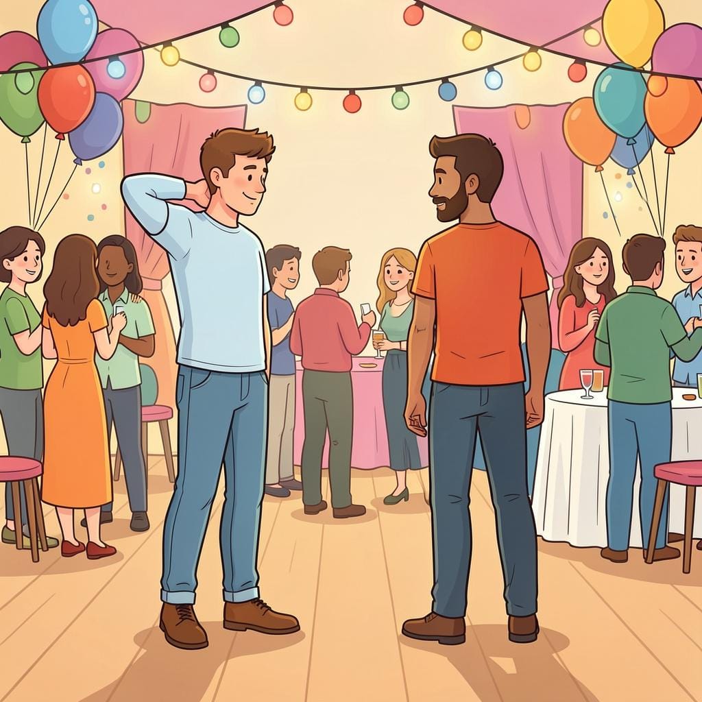 Two people standing far apart at a party, looking at the floor and not talking.