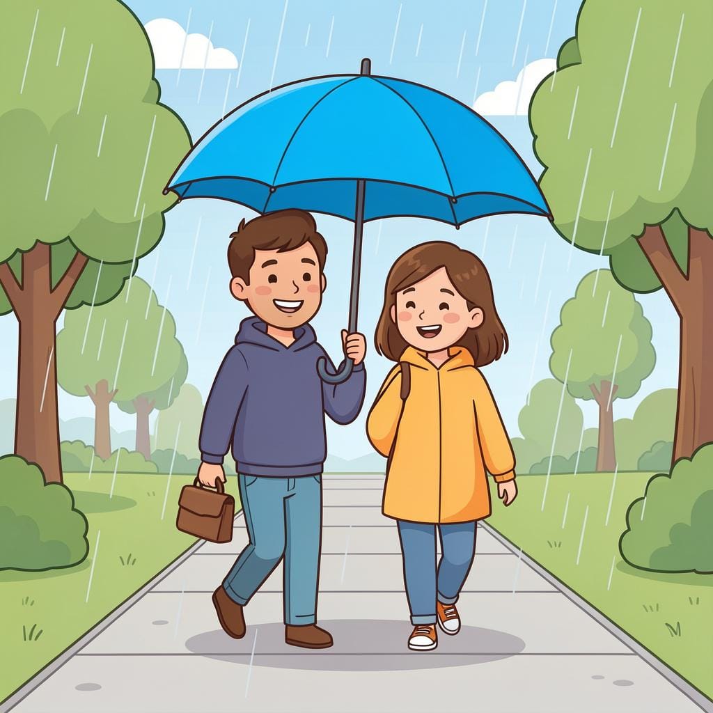 A person offering their umbrella to someone else in the rain.