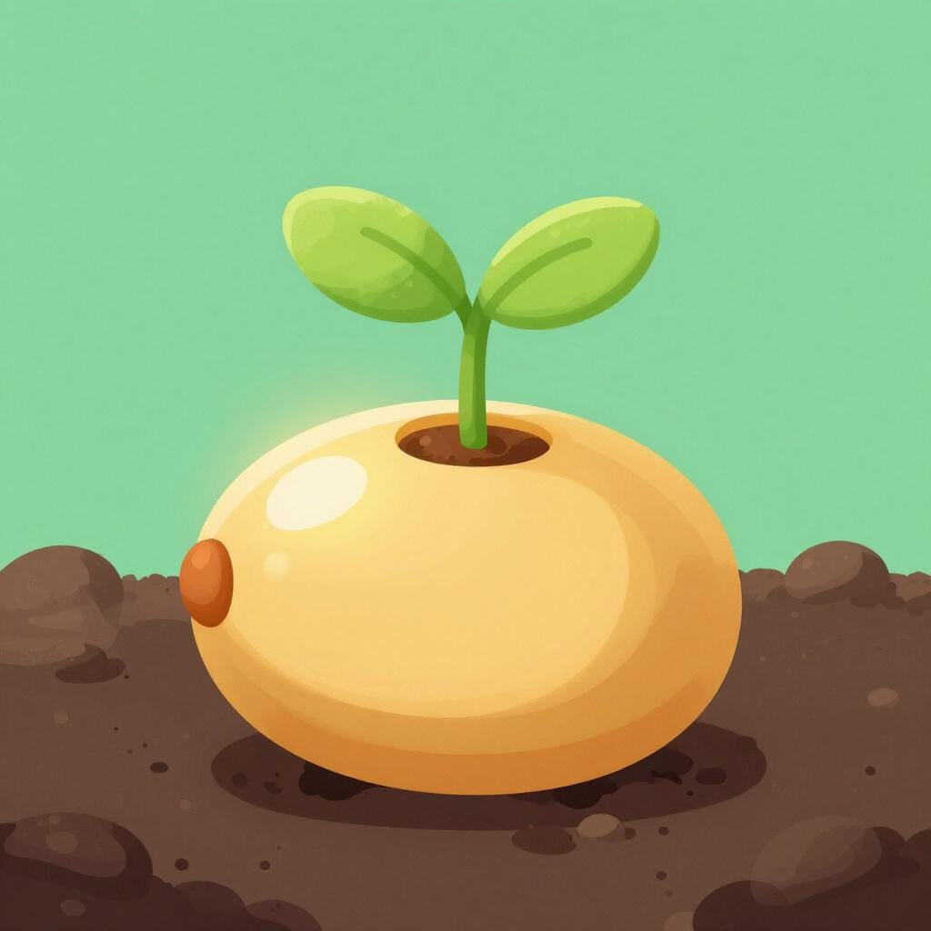 A tiny sprout emerging from a large, glowing seed in the center of a dark room.