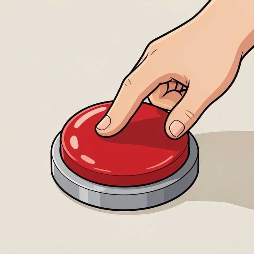 A finger pressing down on a large, bright red circular button.
