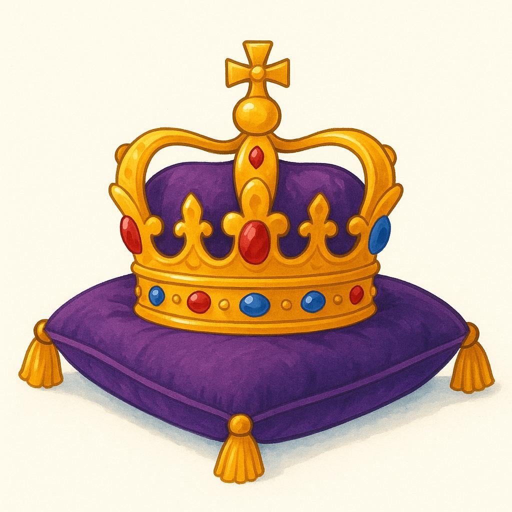 A majestic gold crown adorned with colorful jewels resting on a purple cushion.