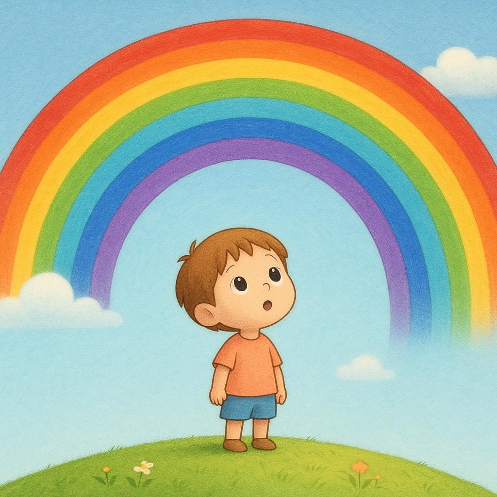 A small child standing on a green hill, looking up in awe and surprise at a gigantic, vibrant rainbow arcing across the bright blue sky.