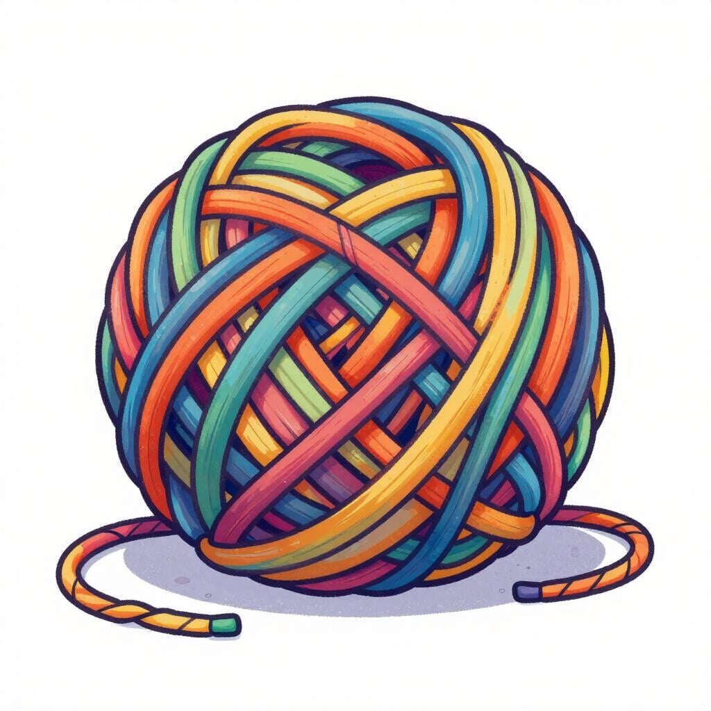 絡まった毛糸玉。多くの結び目とほどけた糸があり、複雑な状況を表している。