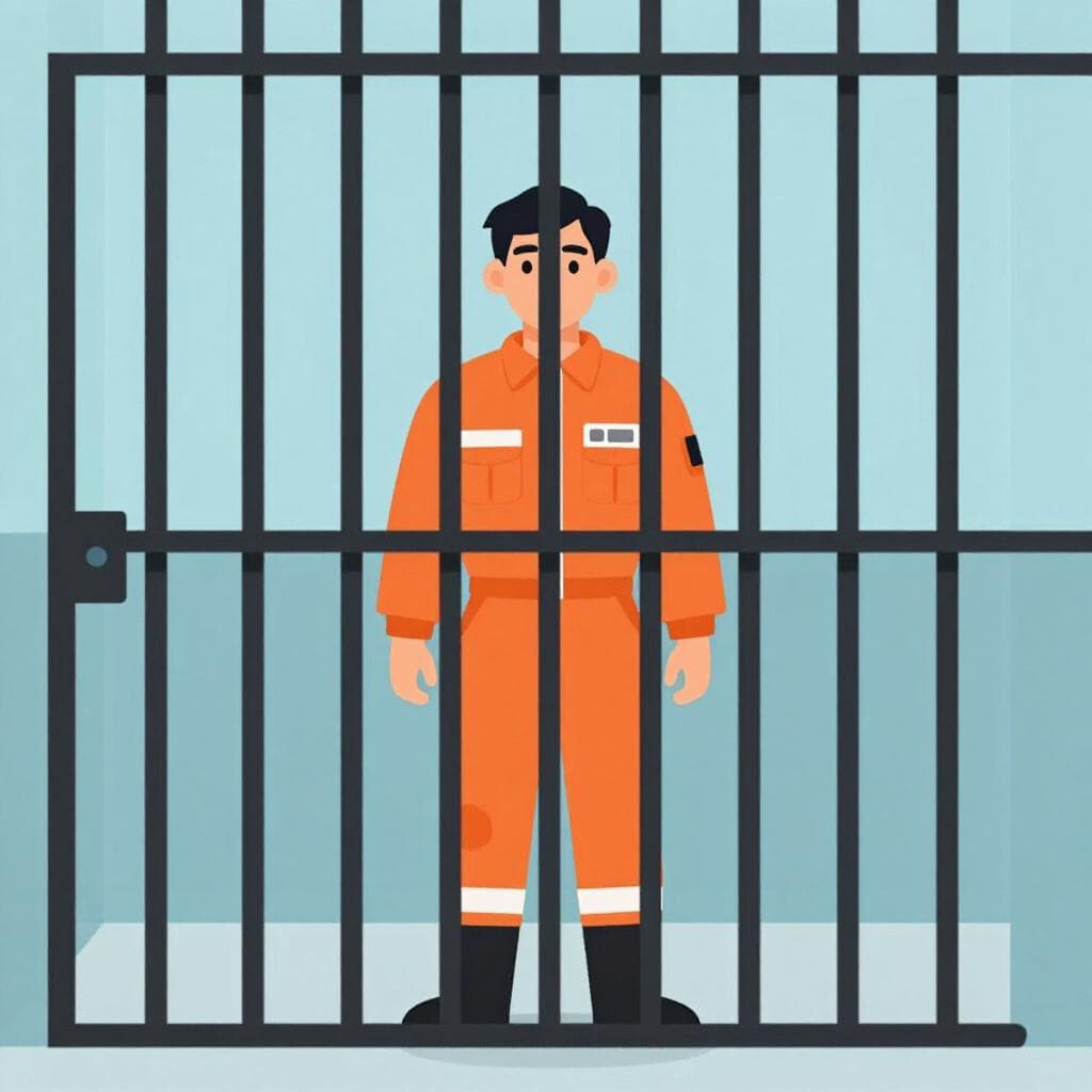 Een man in een eenvoudig oranje gevangenispak staat achter de zwarte metalen tralies van een cel.