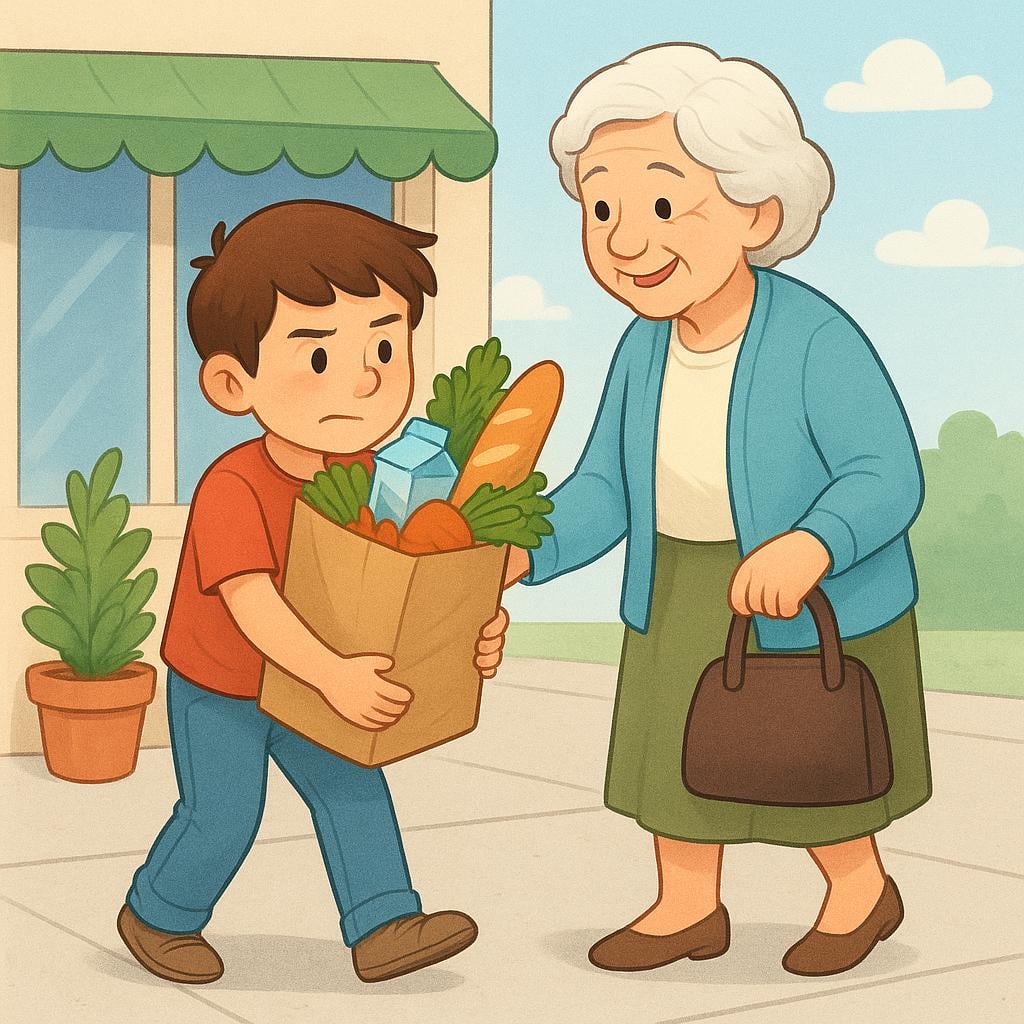 A young boy helps an elderly woman by carrying her heavy bag of groceries, demonstrating assistance.