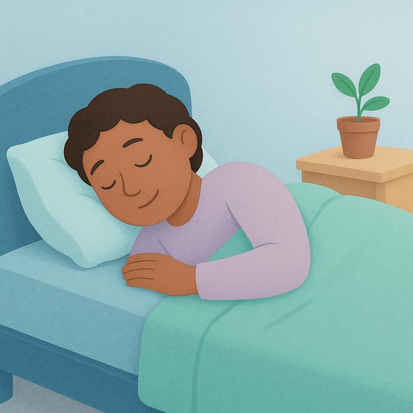 A person resting comfortably on a soft bed with a pillow.