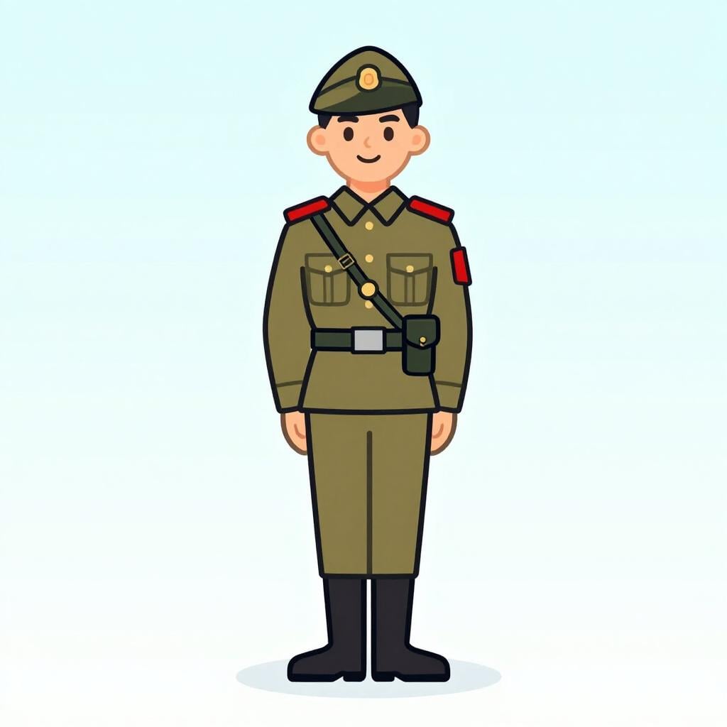 Um soldado em uniforme limpo em posição de sentido em frente a um acampamento de tendas simples.