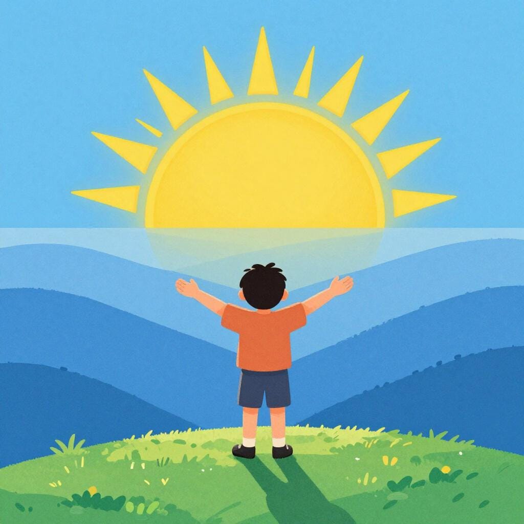 Una persona in piedi su una collina con le braccia spalancate verso un orizzonte luminoso e vasto.