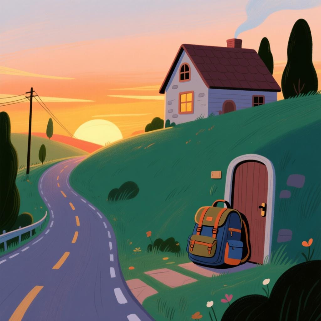 A winding road leading towards a small, cozy house at sunset, symbolizing a traveler's return.