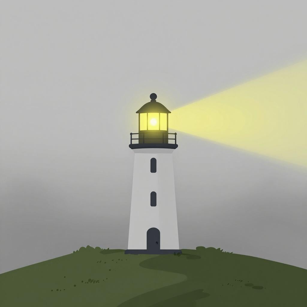A small lighthouse shining a bright light through a light gray mist.