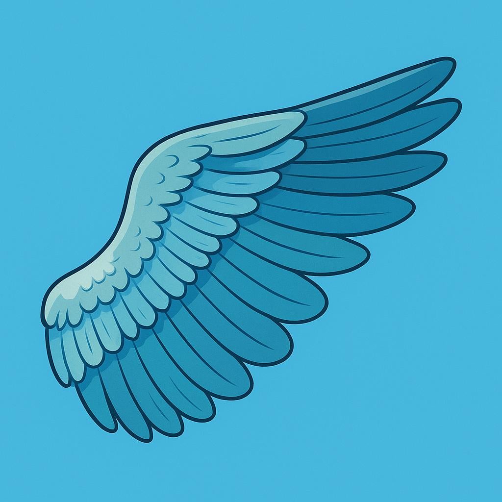 A large, solitary white bird's wing with visible feathers, fully extended against a clear blue sky, illustrating flight.