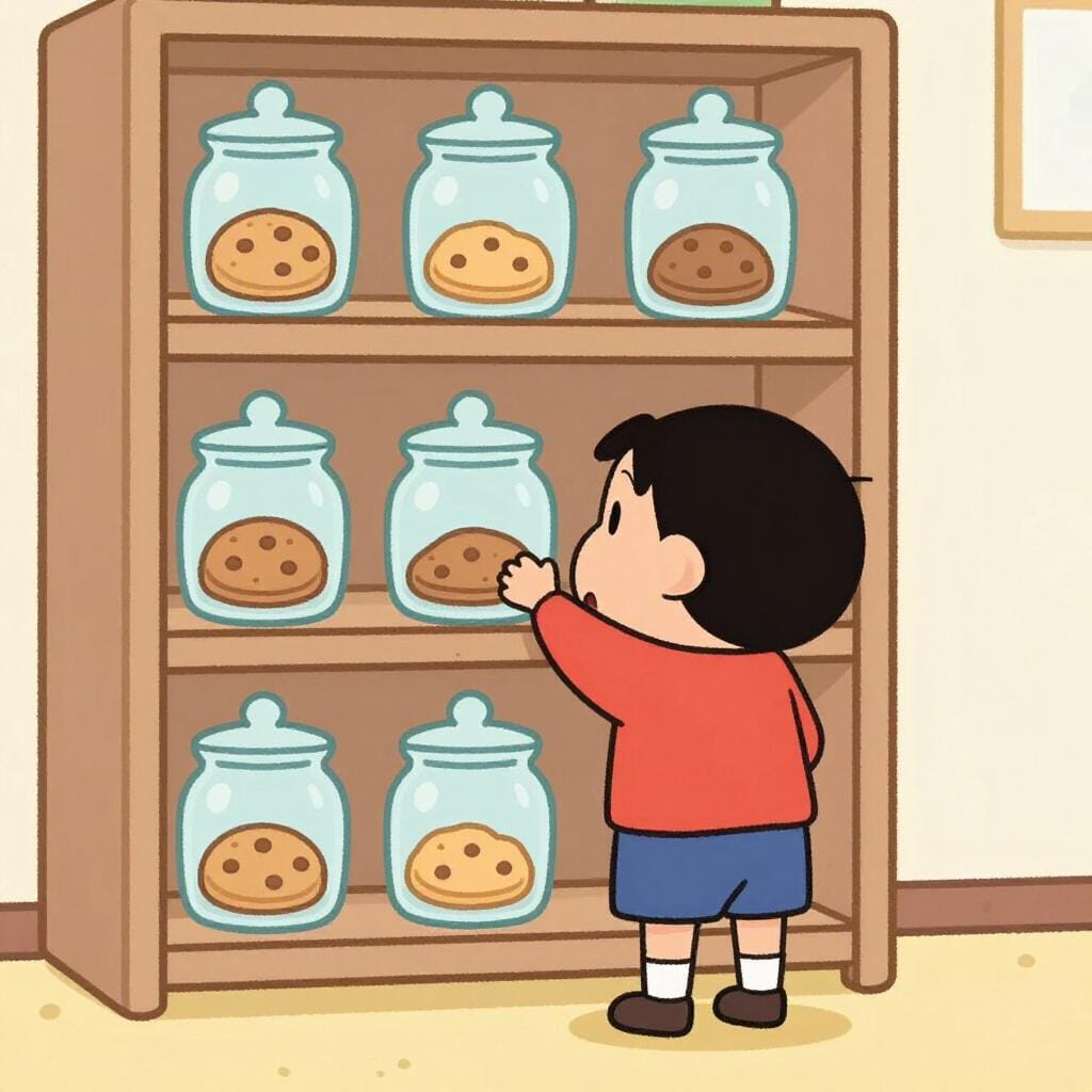 Un enfant essaie d'atteindre un grand pot de biscuits sur une étagère haute mais n'y parvient pas.