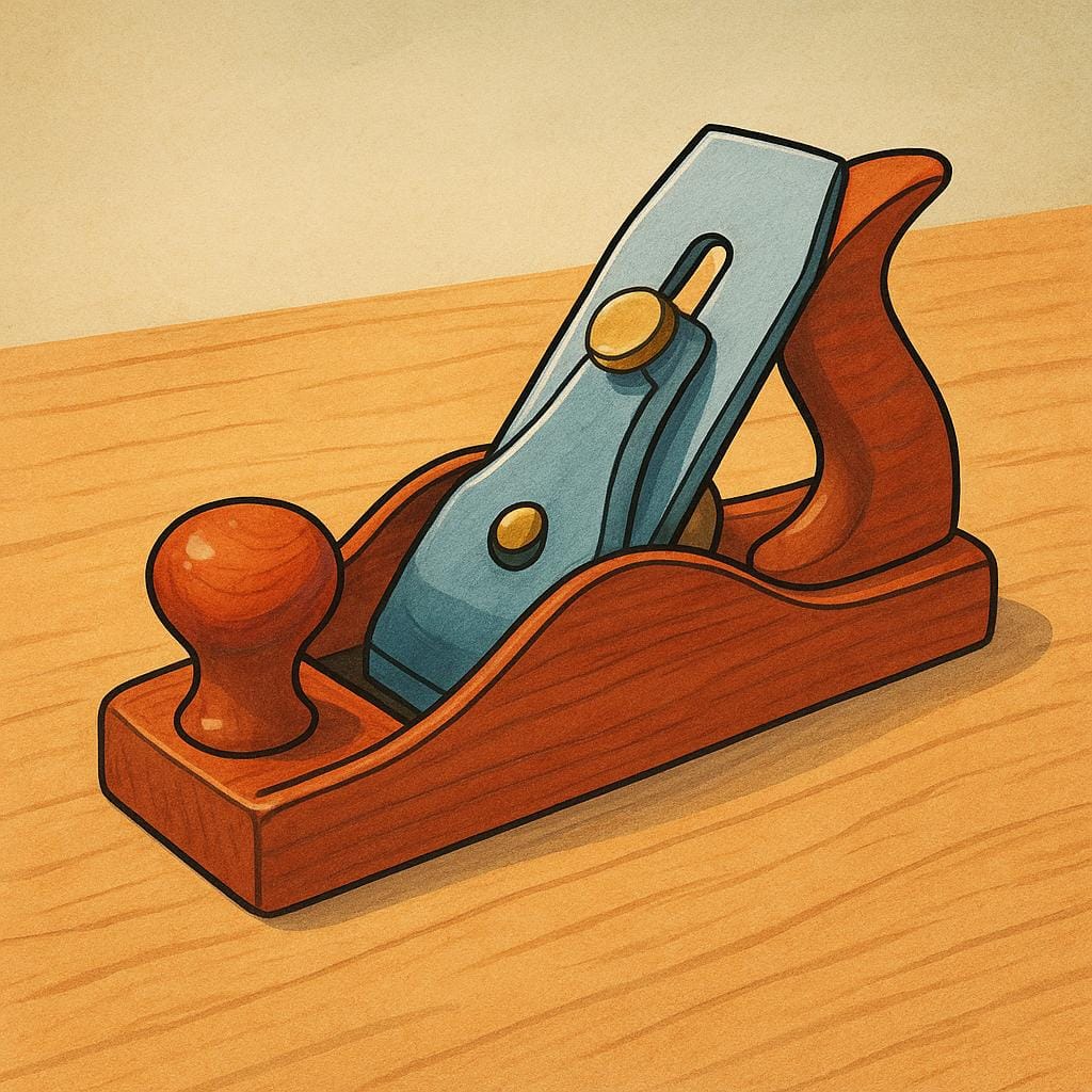 A classic metal and wood hand plane, a tool used for smoothing wood surfaces.