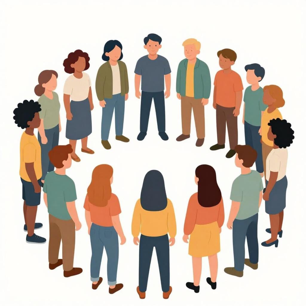 A diverse group of people standing together in a friendly circle.