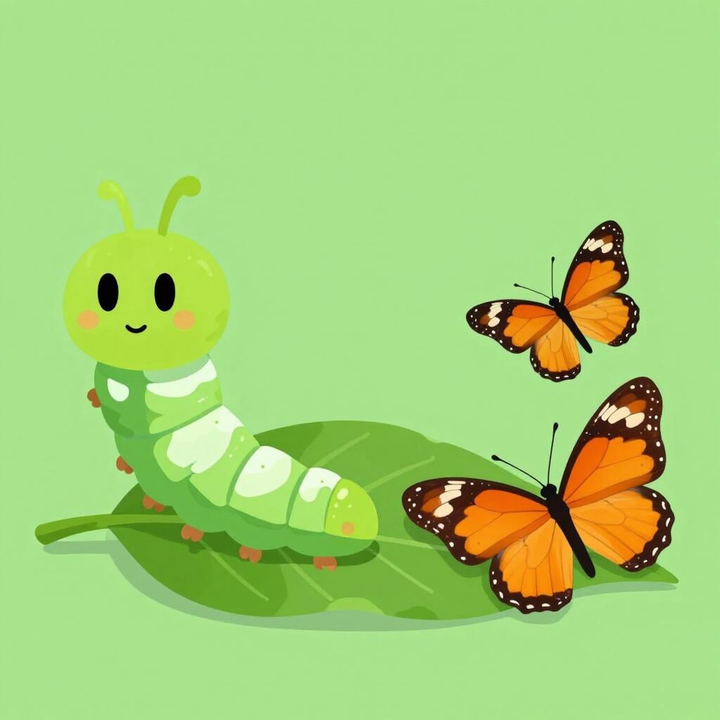 A magical sequence showing a green caterpillar transforming into a bright orange butterfly.