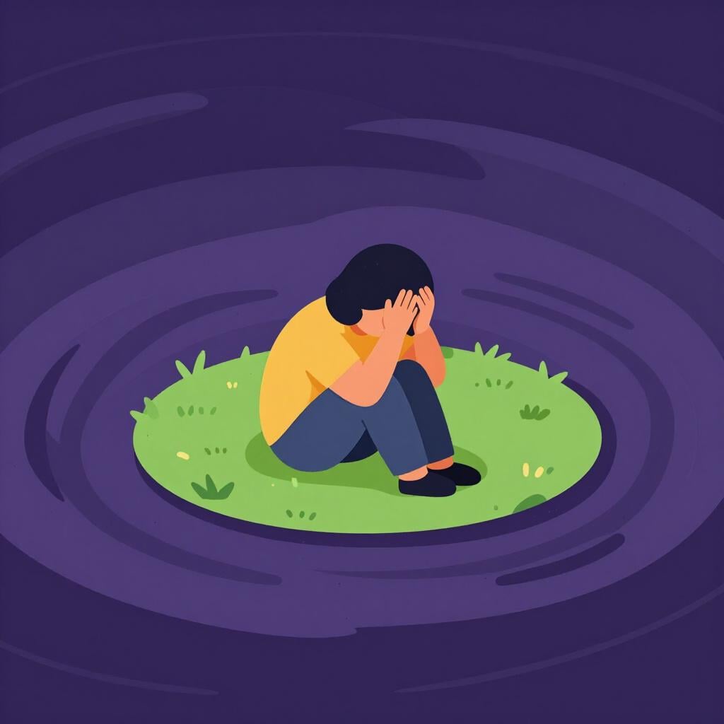 A person sitting on a small island surrounded by dark, swirling water, holding their head in their hands.