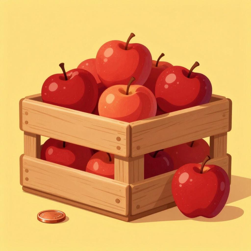 Een houten kist vol rijpe rode appels met een kleine stapel munten ernaast, wat een zeer lage prijs suggereert.
