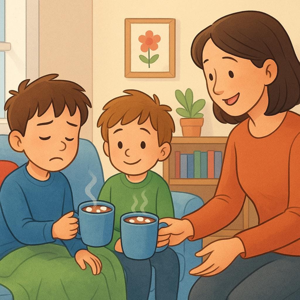 Due giovani viaggiatori maschi sono seduti comodamente accanto a un camino in una stanza accogliente, a cui un gentile ospite offre bevande calde, a simboleggiare che sono accolti con piacere.