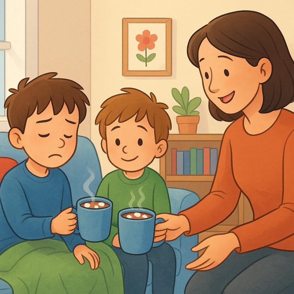 Two young male travelers are sitting comfortably by a fireplace in a cozy room, being offered warm drinks by a kind host, symbolizing they are gladly received.