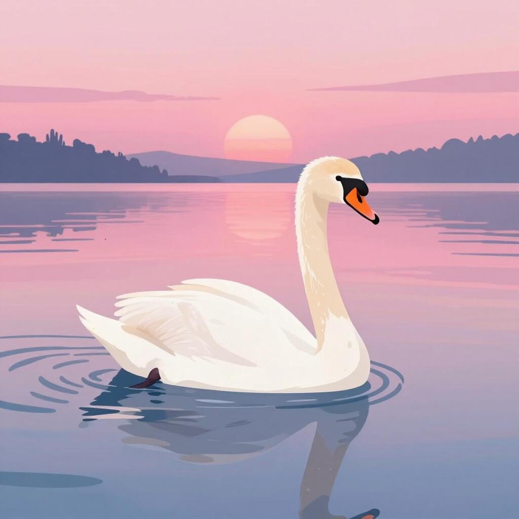 En vacker svan som elegant glider fram på en lugn, glittrande sjö vid solnedgången, omgiven av mjuka rosa moln.