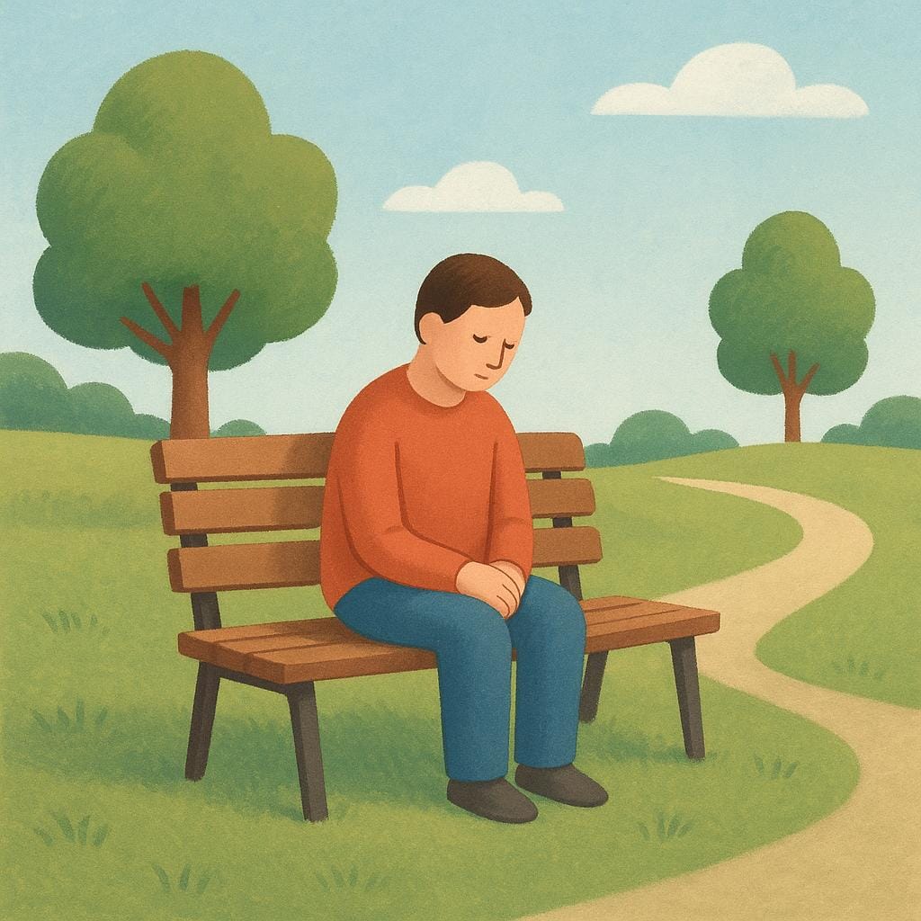A simple drawing of a person sitting alone on a park bench, depicting unemployment or waiting for a job.