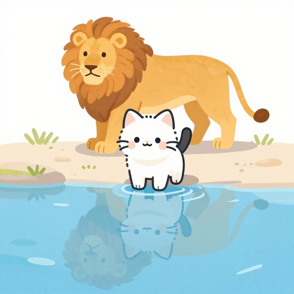 A small kitten looking at its reflection in a clear puddle, appearing like a brave lion.