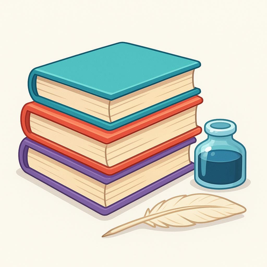 A stack of three colorful books resting on a surface next to an antique inkwell and a feather quill, symbolizing written artistry.