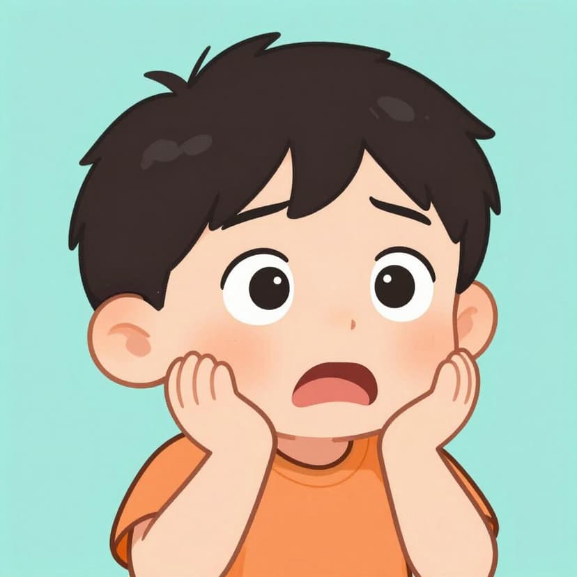 目を見開き、両手を頬に当て、驚きと心配そうな表情をしている子供。