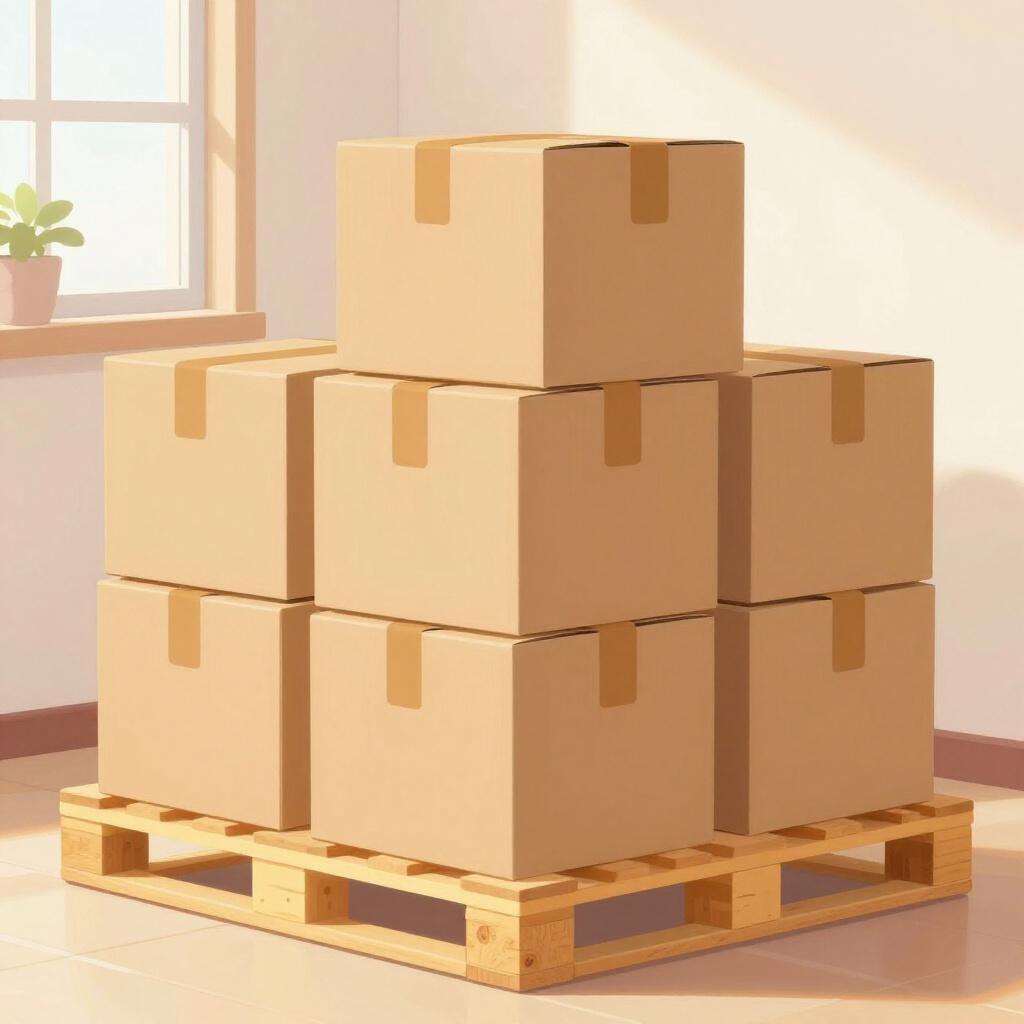 A neat stack of boxes and crates on a wooden pallet in a clean warehouse.