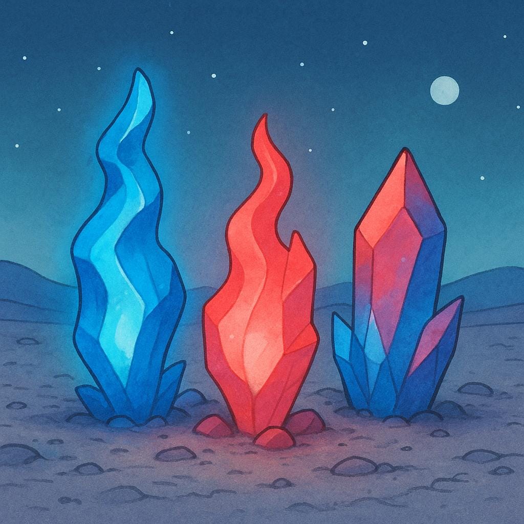 暗く荒涼とした異星の風景に集まっている、青と赤の結晶質の岩の形をした3つの光る物体(珍しい形)のイラスト。