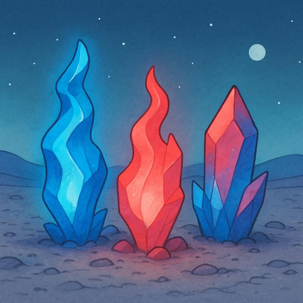 Illustration of three glowing, unusually shaped blue and red crystalline rock formations clustered on a dark, desolate alien landscape.