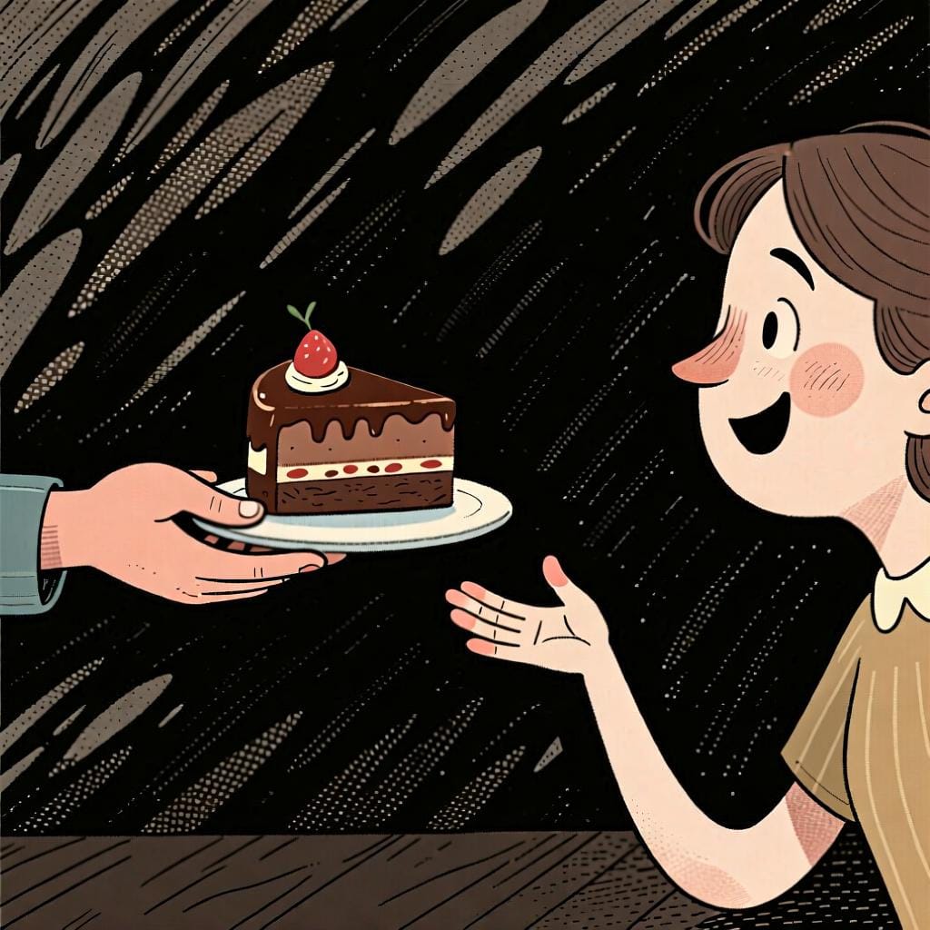 A person is being offered a piece of cake and is reaching for it with a happy expression.
