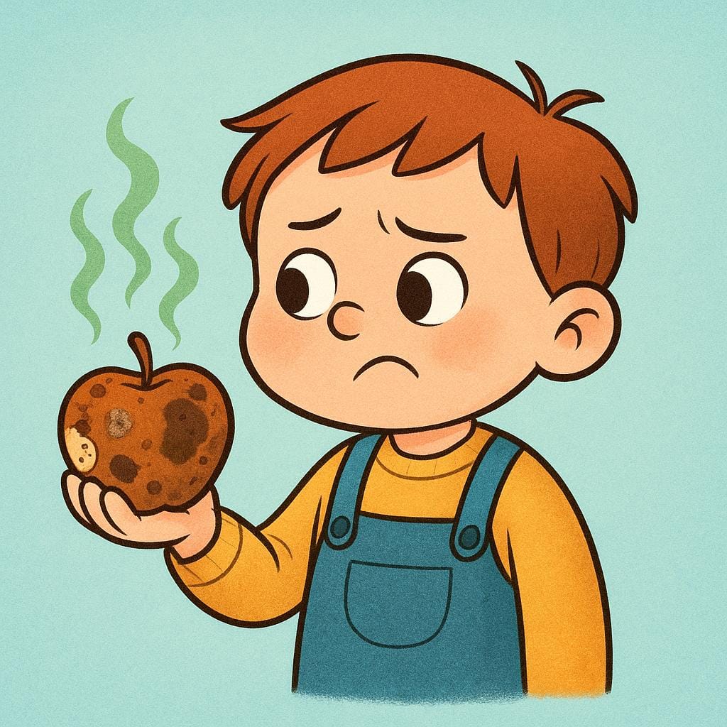 A colorful storybook illustration showing a small child character holding a piece of visibly rotten, brown fruit. Green wavy lines symbolizing a foul odor are rising from the fruit, and the child is recoiling slightly with a wrinkled nose.