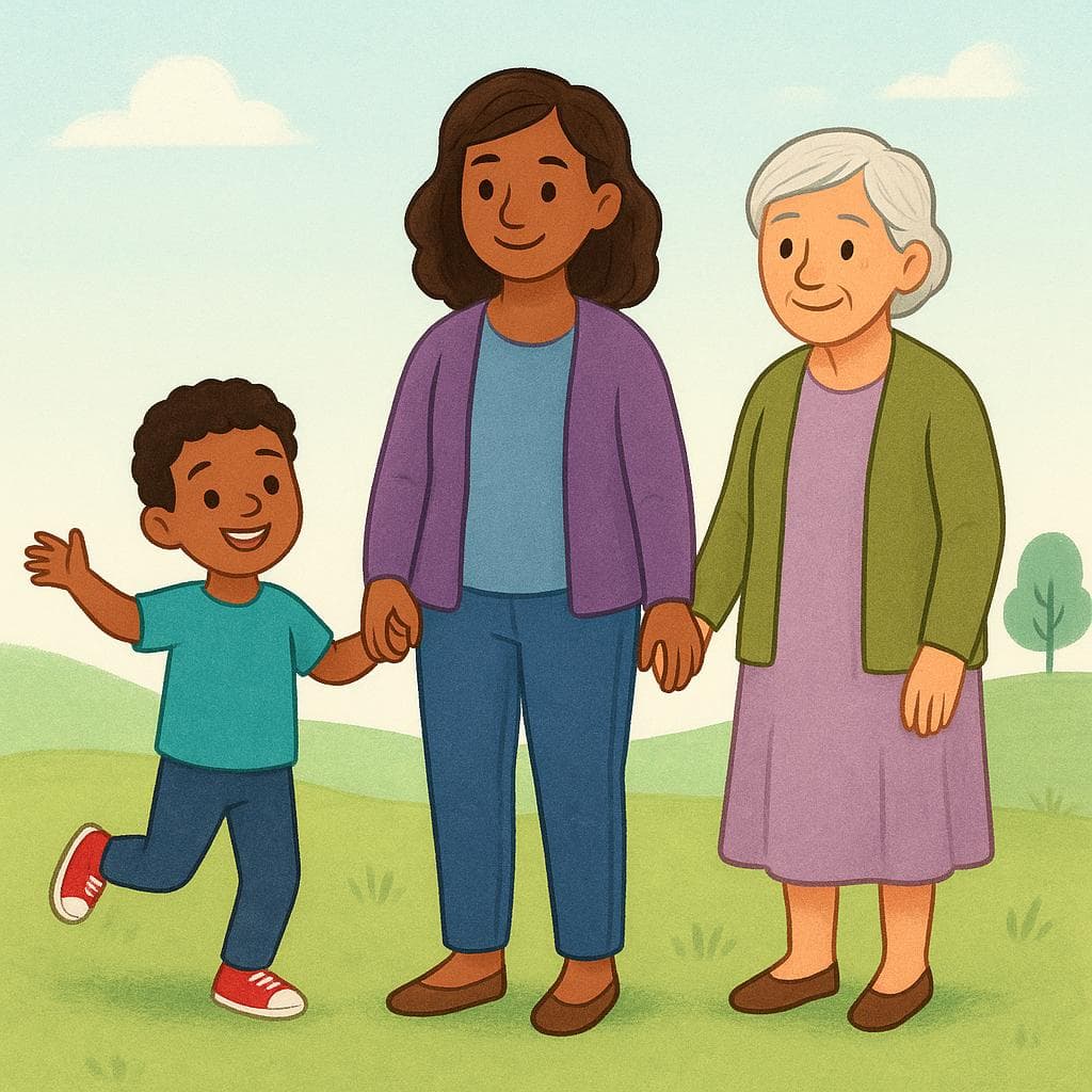 Un jeune enfant, un adulte et une personne âgée se tenant ensemble, se tenant la main, symbolisant le passage du temps et les générations familiales.