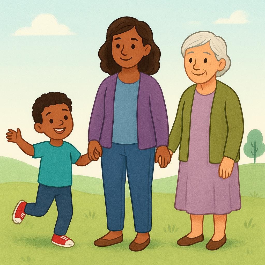 Un jeune enfant, un adulte et une personne âgée se tenant ensemble, se tenant la main, symbolisant le passage du temps et les générations familiales.