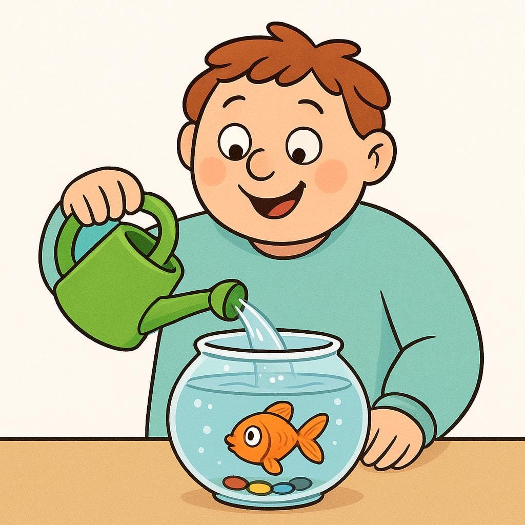 A person smiling foolishly while using a watering can to pour water directly onto a small fish swimming inside a glass bowl.