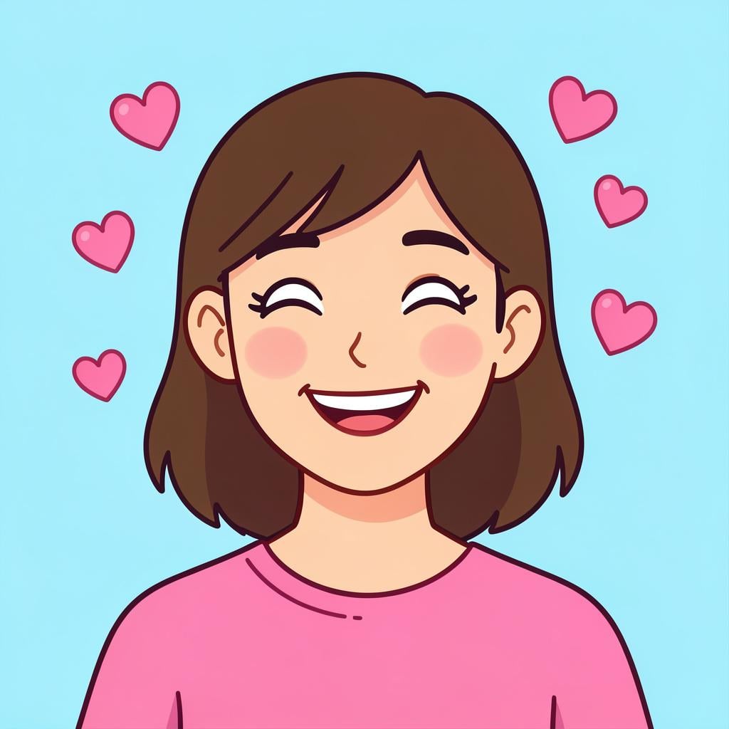 A colorful storybook illustration of a person with a joyful, dreamy expression and rosy cheeks, surrounded by small floating pink hearts.