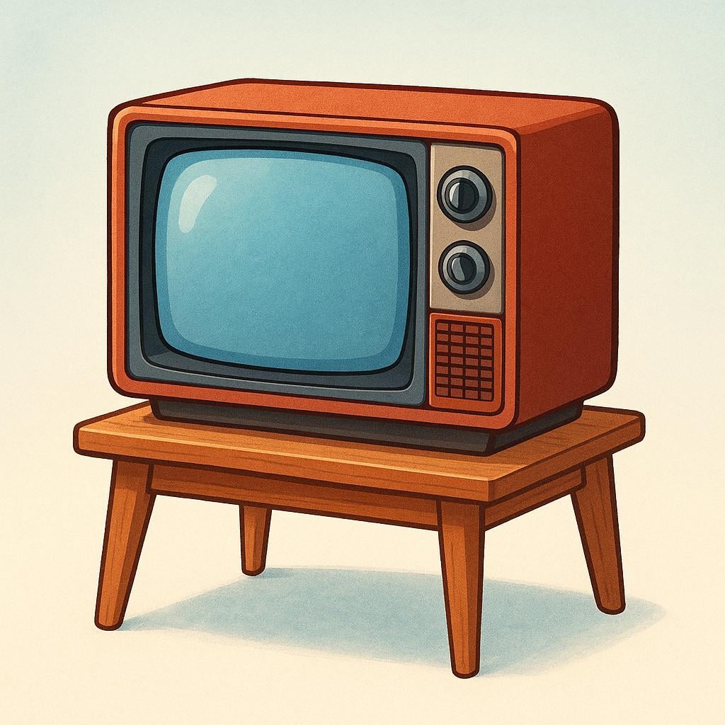 A high quality illustration of a simple, classic, box-shaped television set with a large screen, placed on a small wooden table.