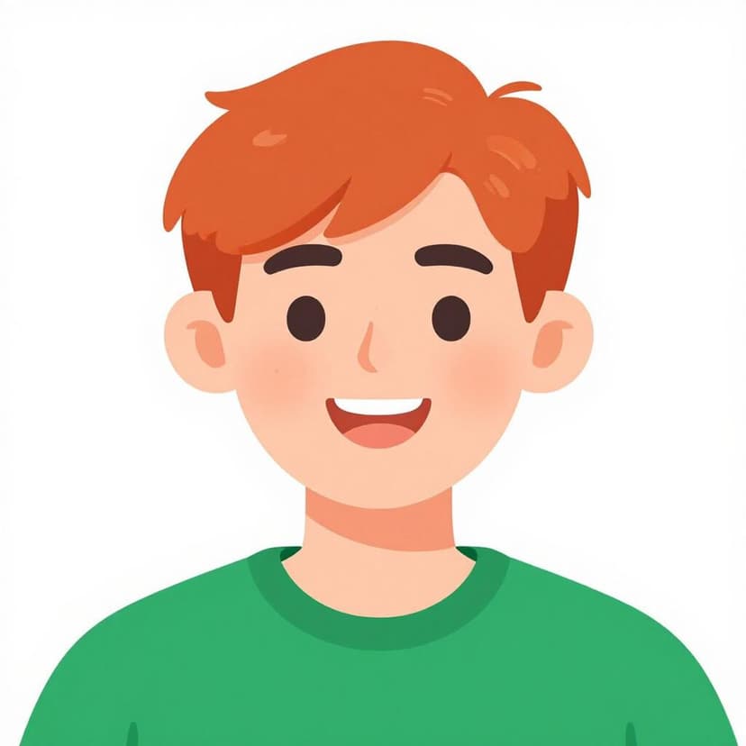 Um retrato de uma pessoa sorridente com cabelo ruivo vibrante e uma camisa verde.