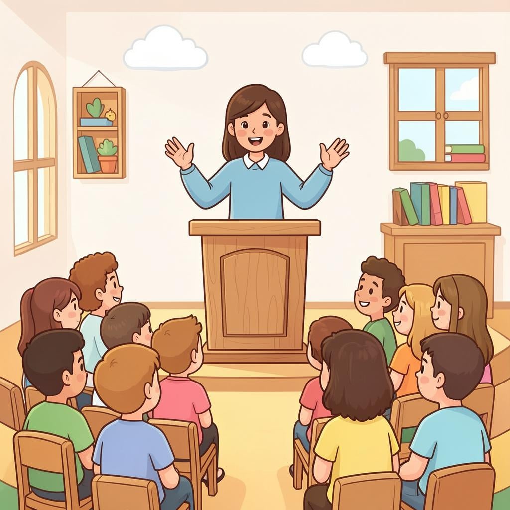 A person standing behind a simple wooden podium, speaking to a group of people sitting in front of them.