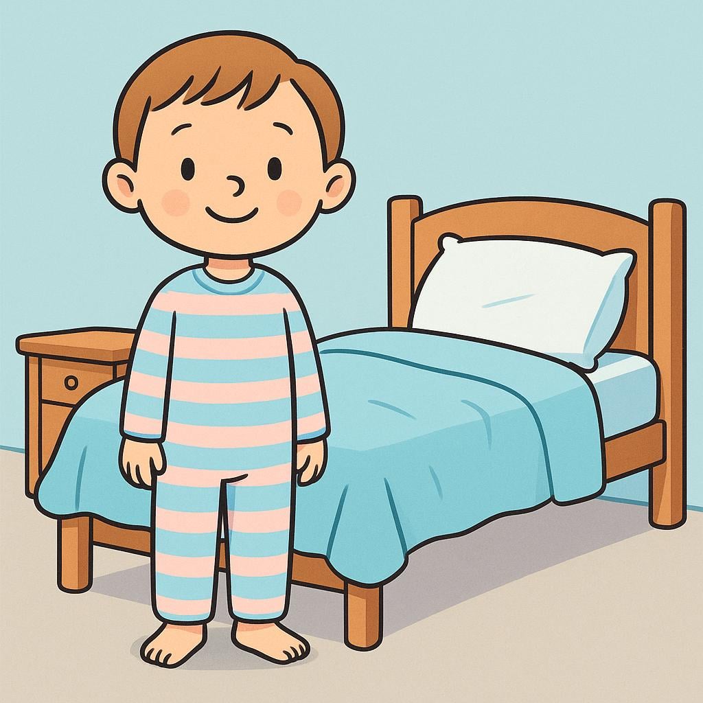 A smiling cartoon child wearing pajamas standing fully upright next to their empty bed, indicating they are out of bed.