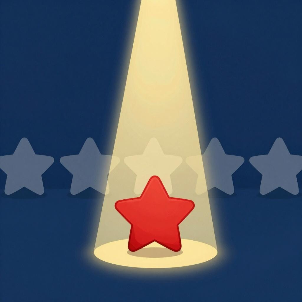 A bright red star at the front of a line of grey stars, being highlighted by a golden spotlight.